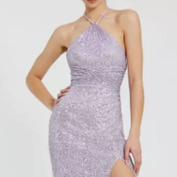 MAC DUGGAL 27128 ONE SHOULDER RUCHED SIDE FRONT SLIT SEQUIN LILAC GOWN sz 14